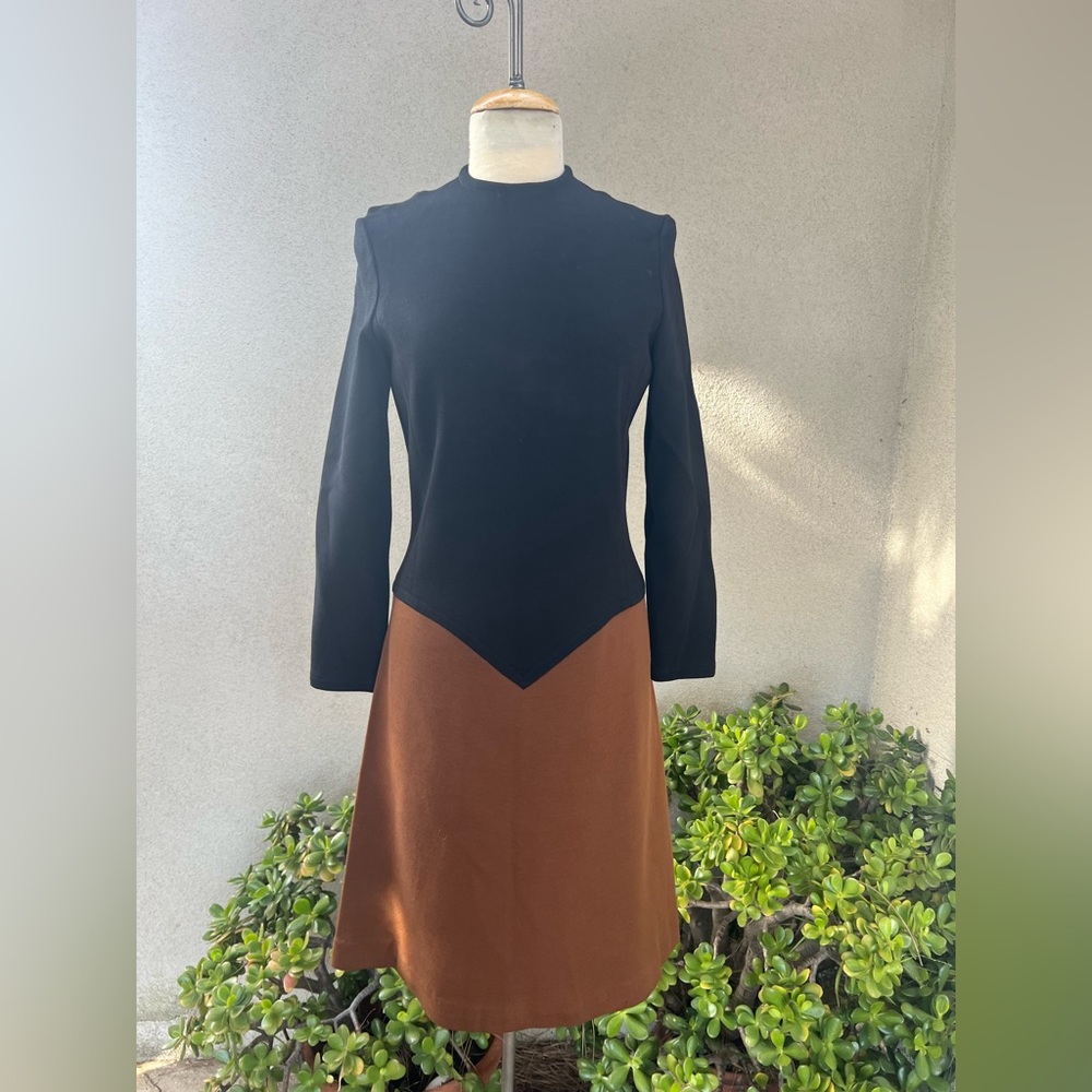 Vintage 70s wool knit dress ALine style block black brown colors Sz S/M Kimberly